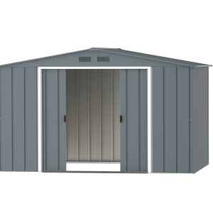 DuraMax Prime 10x8 metal storage shed in Grey Blue, front doors open
