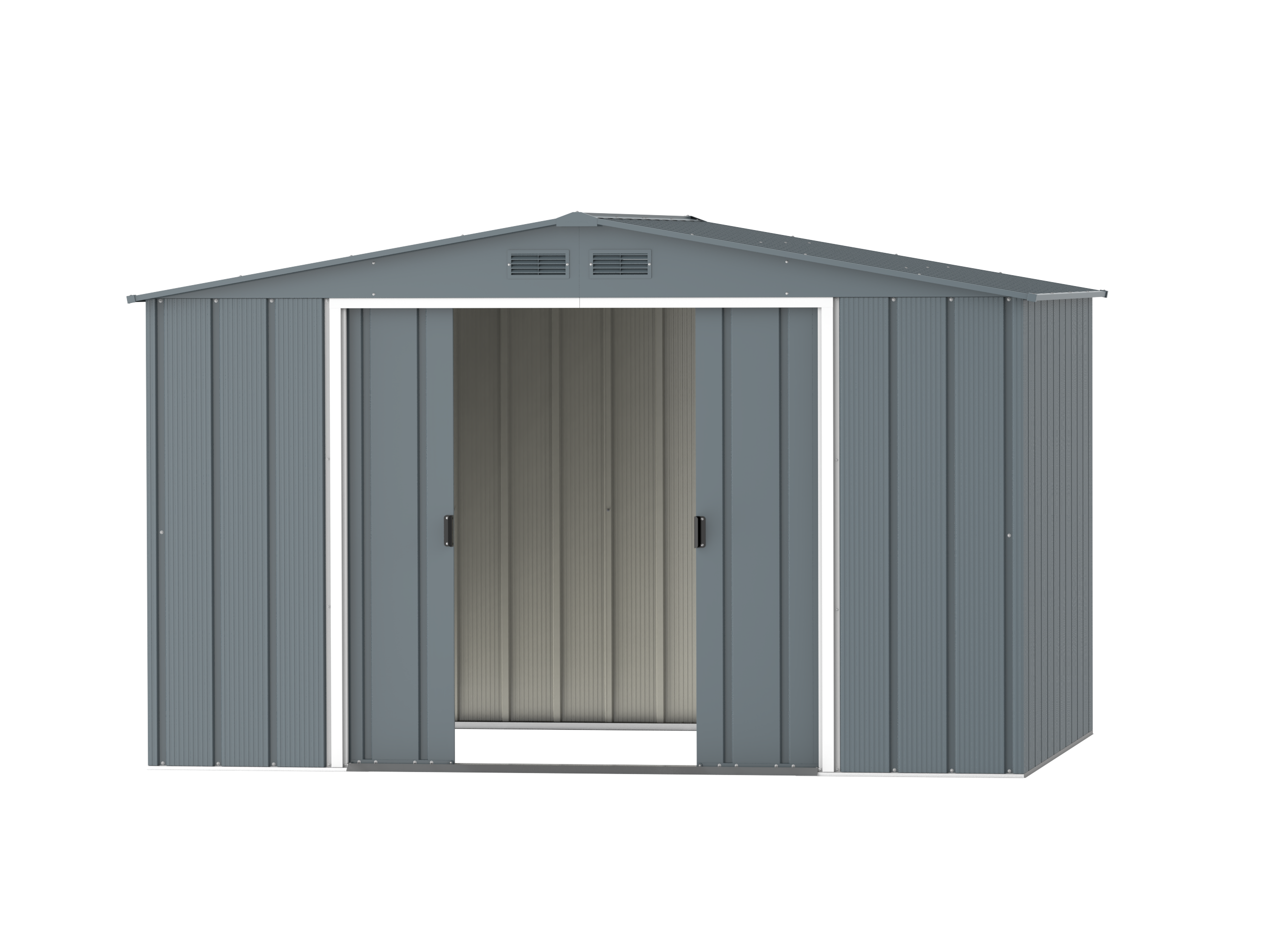 DuraMax Prime 10x8 Grey Blue metal storage shed open view