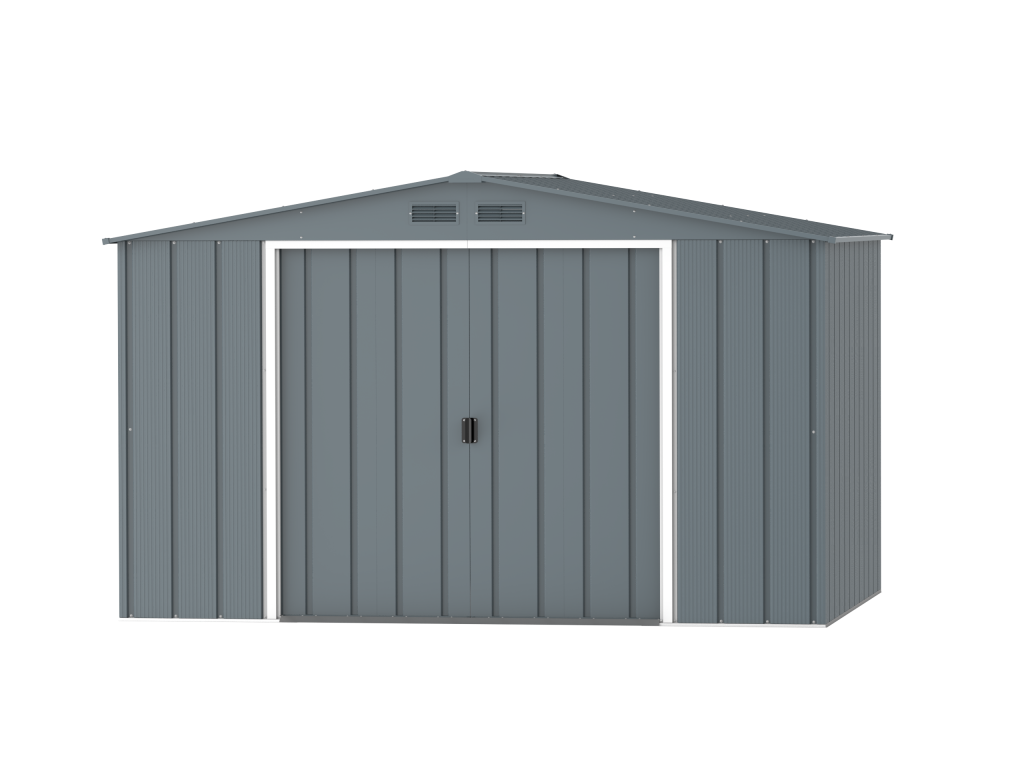 DuraMax Prime 10x8 metal storage shed in Grey Blue, front view