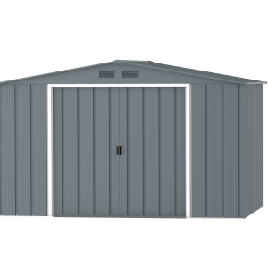 DuraMax Prime 10x8 metal storage shed in Grey Blue, front view