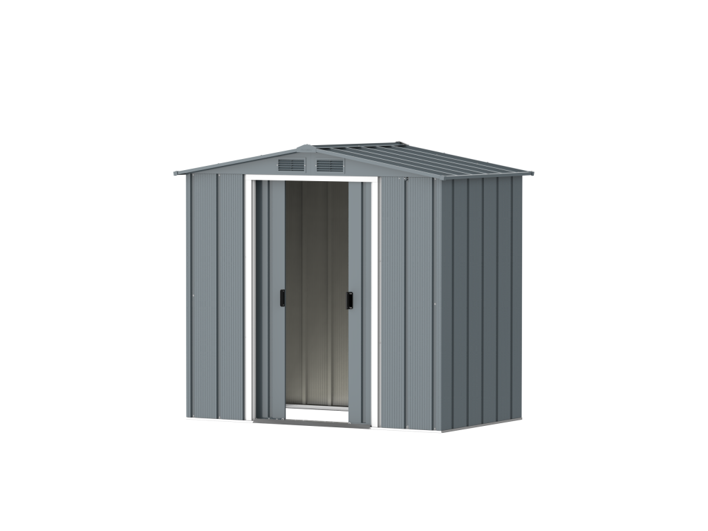 DuraMax Prime 6x4 metal storage shed in Grey Blue, angled doors open