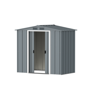 DuraMax Prime 6x4 metal storage shed in Grey Blue, angled doors open