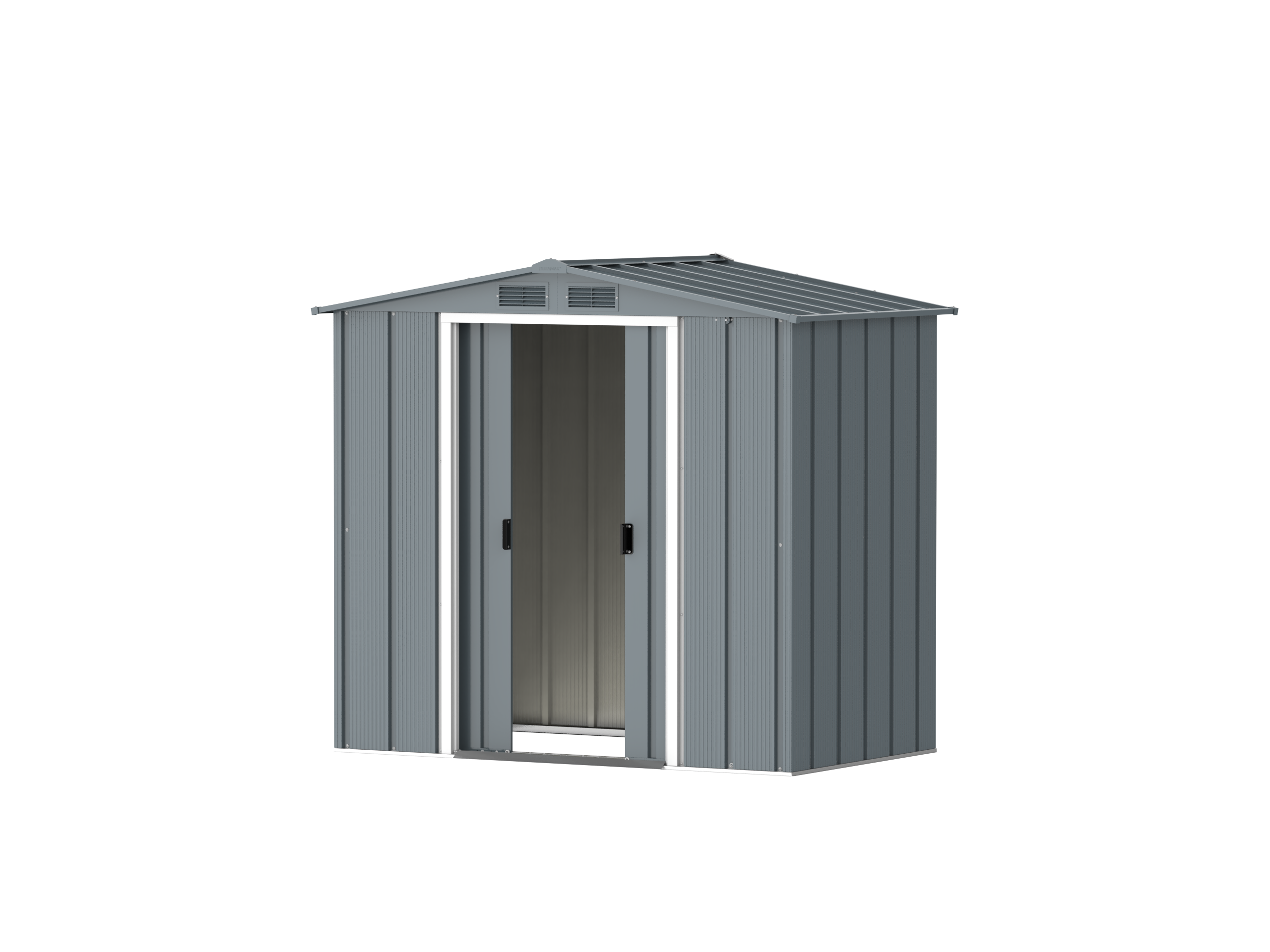 DuraMax Prime 6x4 Grey Blue metal storage shed with doors open