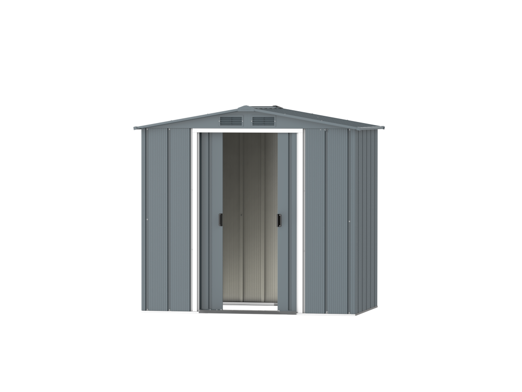 DuraMax Prime 6x4 metal storage shed in Grey Blue, front doors open