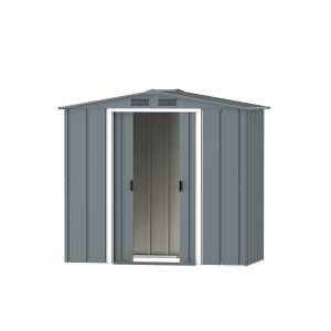 DuraMax Prime 6x4 metal storage shed in Grey Blue, front doors open