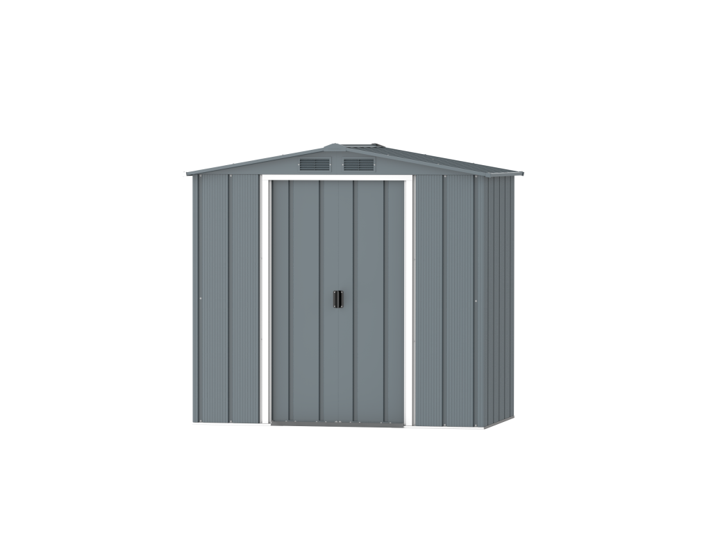 DuraMax Prime 6x4 metal storage shed in Grey Blue, front view
