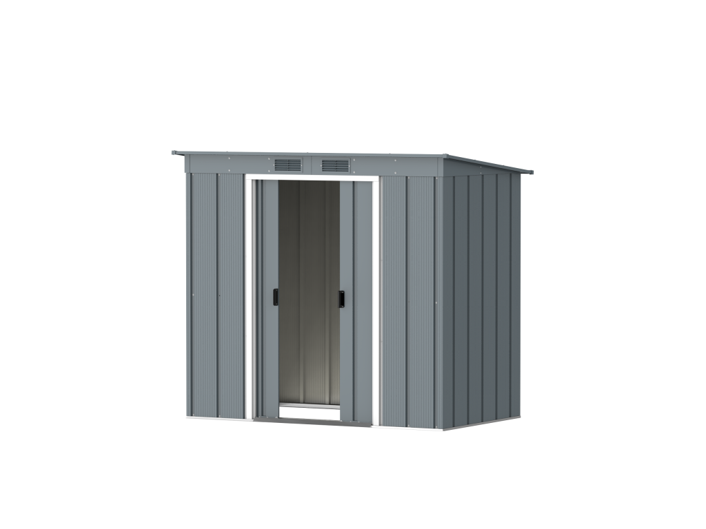DuraMax Prime 6x4 Pent metal storage shed in Grey Blue, angled doors open