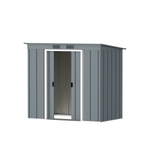 DuraMax Prime 6x4 Pent metal storage shed in Grey Blue, angled doors open
