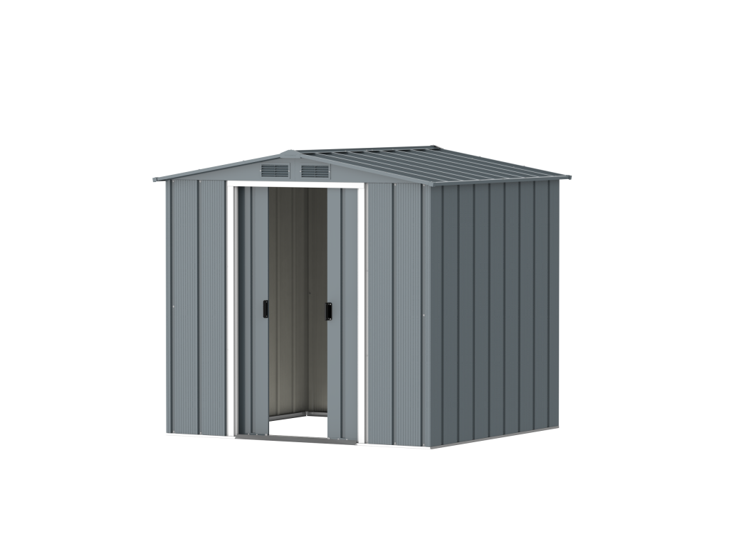 DuraMax Prime 6x6 metal storage shed in Grey Blue, angled doors open