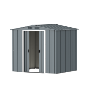 DuraMax Prime 6x6 metal storage shed in Grey Blue, angled doors open