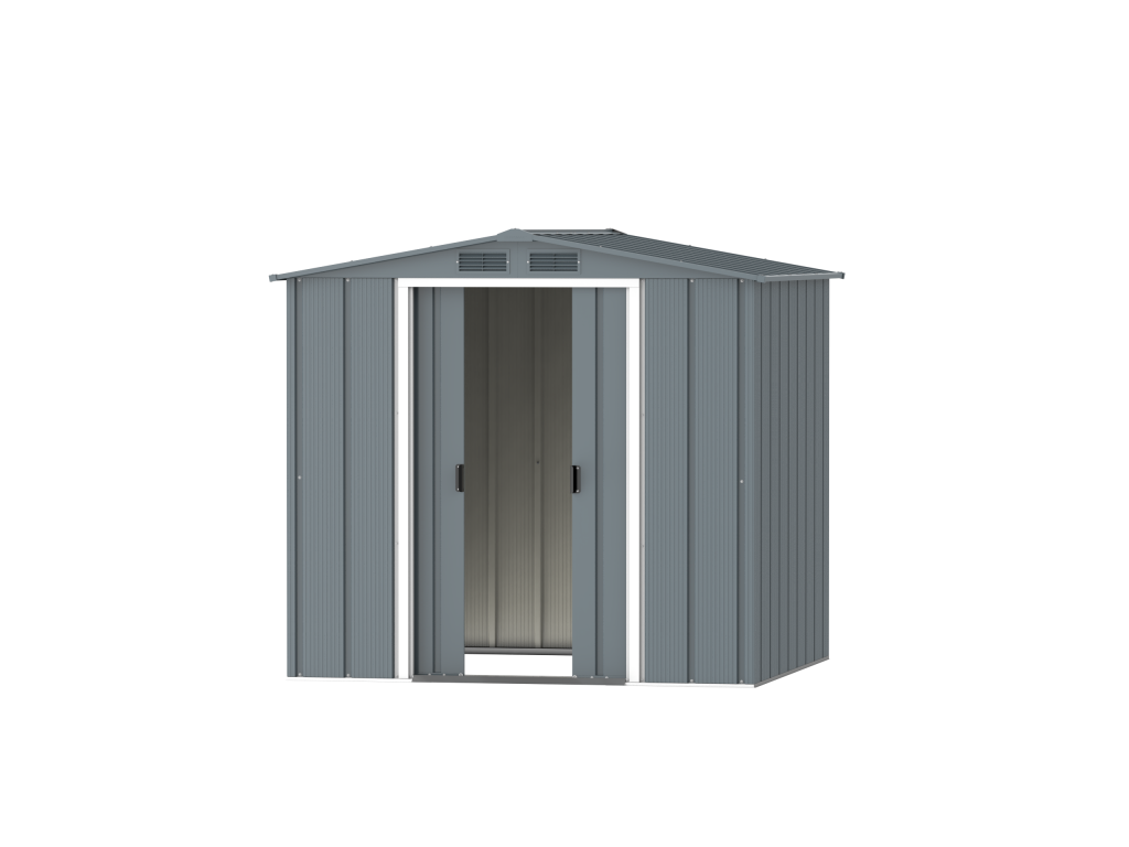 DuraMax Prime 6x6 metal storage shed in Grey Blue, front doors open