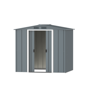 DuraMax Prime 6x6 metal storage shed in Grey Blue, front doors open
