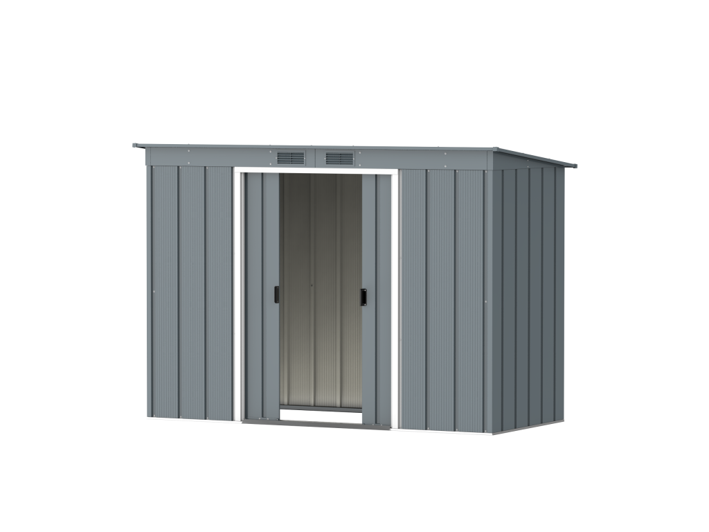 DuraMax Prime 8x4 Pent metal storage shed in Grey Blue, angled doors open