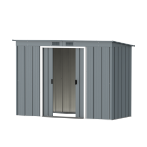 DuraMax Prime 8x4 Pent metal storage shed in Grey Blue, angled doors open
