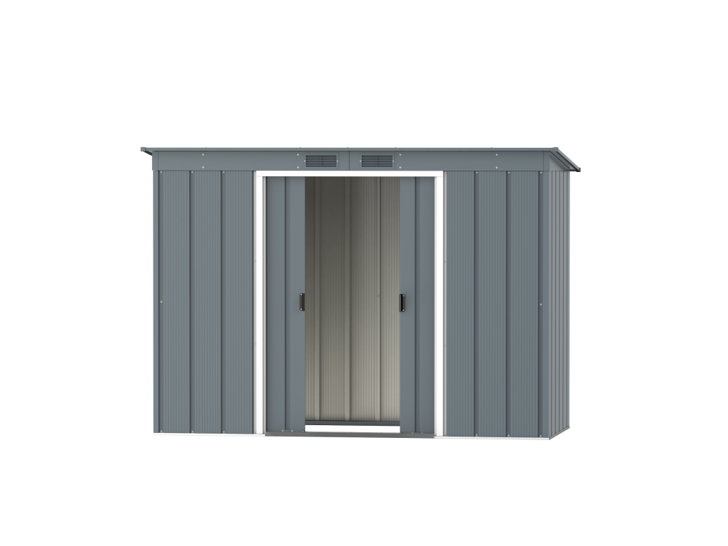 DuraMax Prime 8x4 Pent metal storage shed in Grey Blue, front doors open