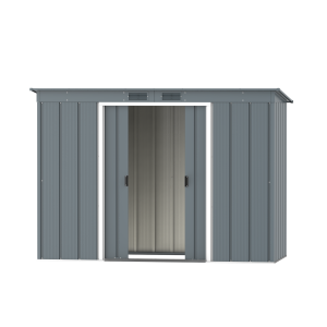 DuraMax Prime 8x4 Pent metal storage shed in Grey Blue, front doors open
