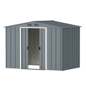 DuraMax Prime 8x6 metal storage shed in Grey Blue, angled doors open