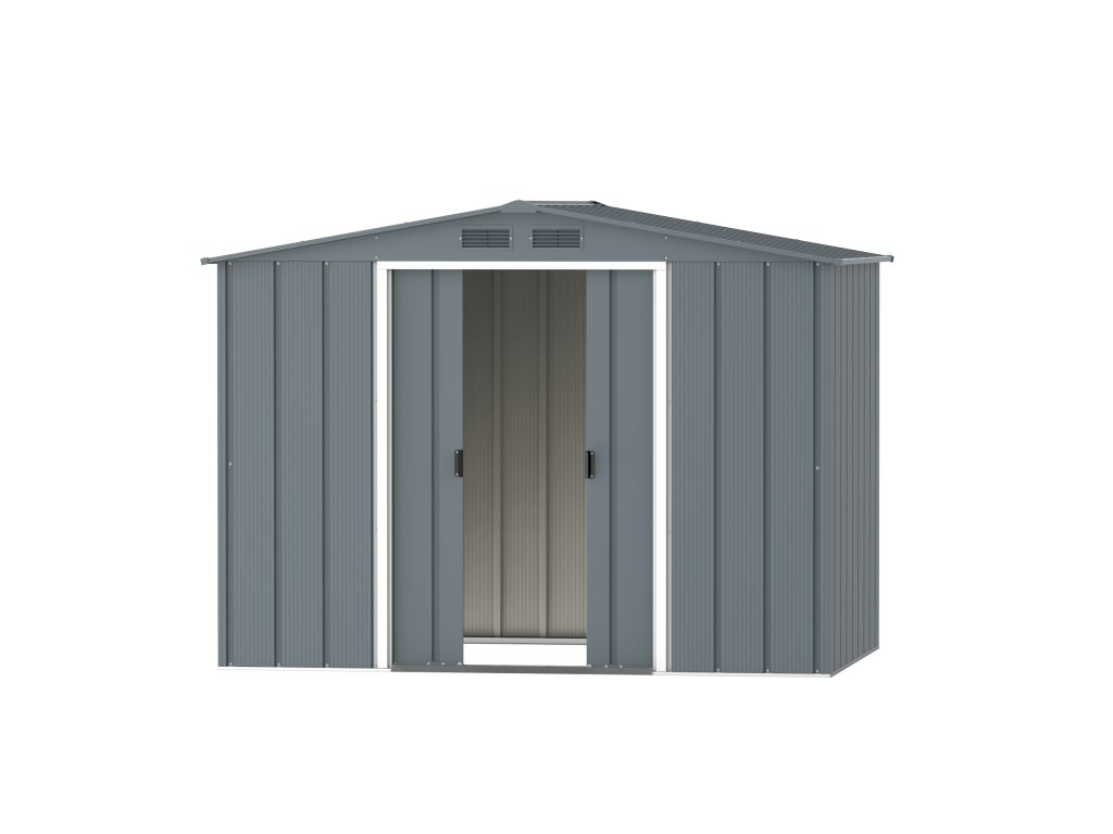 DuraMax Prime 8x6 metal storage shed in Grey Blue, front doors open