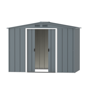 DuraMax Prime 8x6 metal storage shed in Grey Blue, front doors open