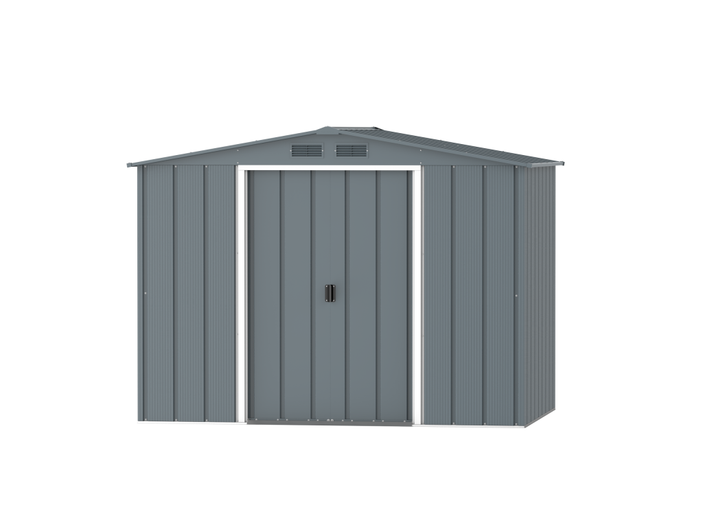 DuraMax Prime 8x6 metal storage shed in Grey Blue, front view