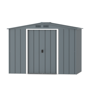 DuraMax Prime 8x6 metal storage shed in Grey Blue, front view