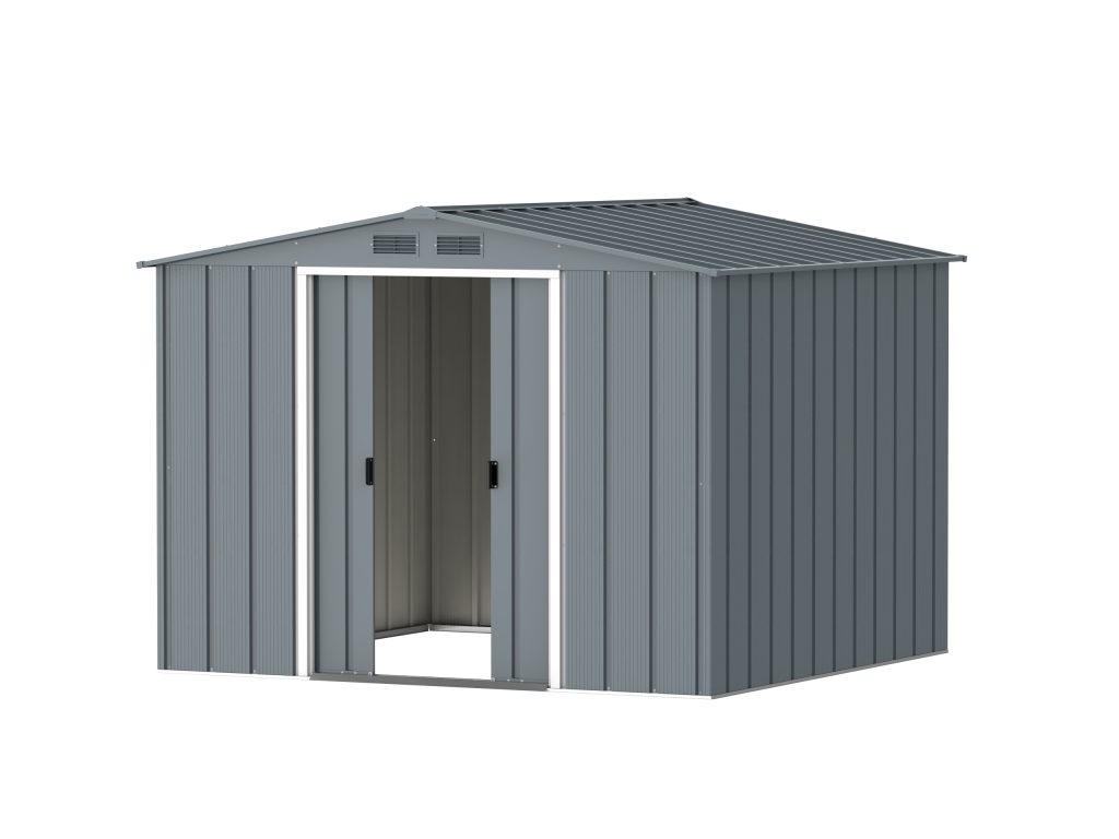 DuraMax Prime 8x8 metal storage shed in Grey Blue, angled doors open