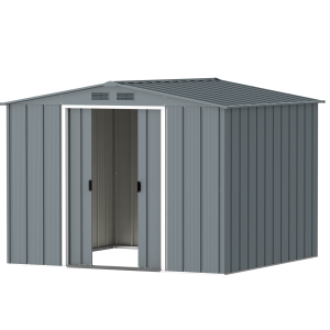 DuraMax Prime 8x8 metal storage shed in Grey Blue, angled doors open