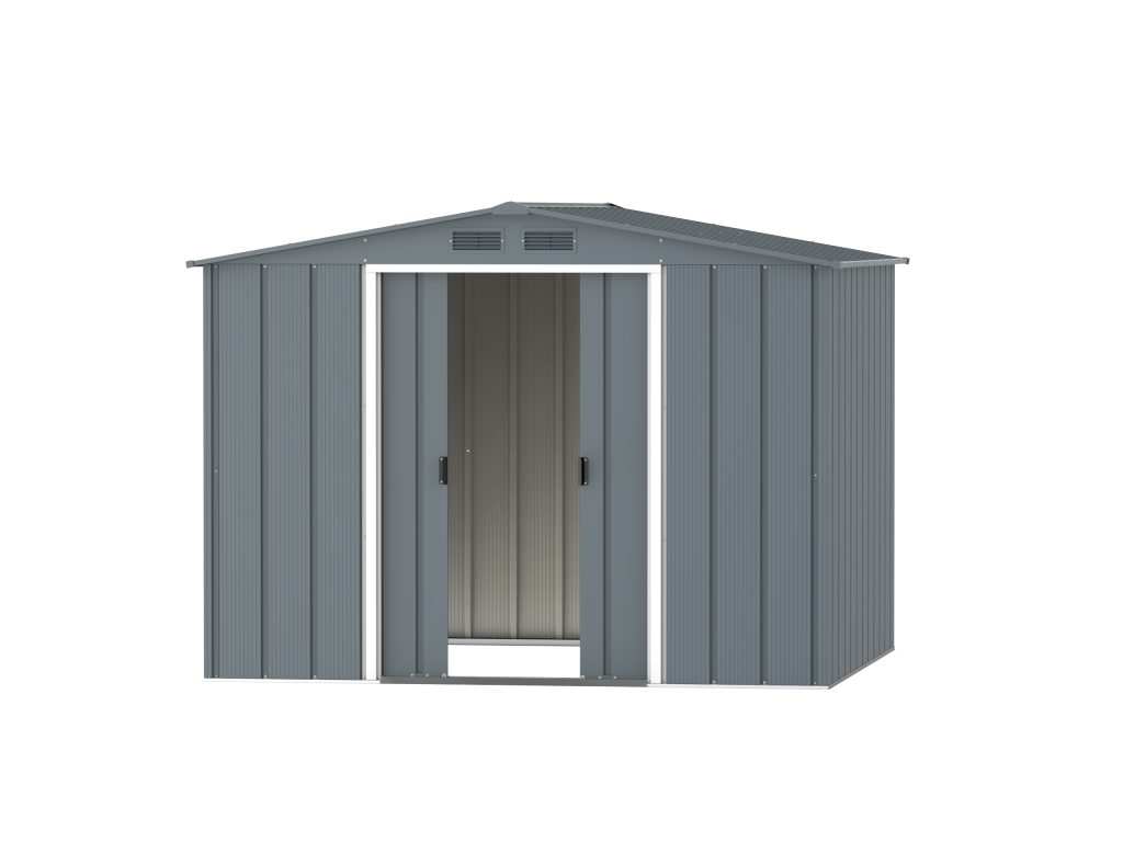 DuraMax Prime 8x8 metal storage shed in Grey Blue, front doors open
