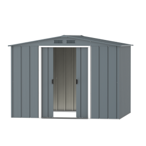DuraMax Prime 8x8 metal storage shed in Grey Blue, front doors open