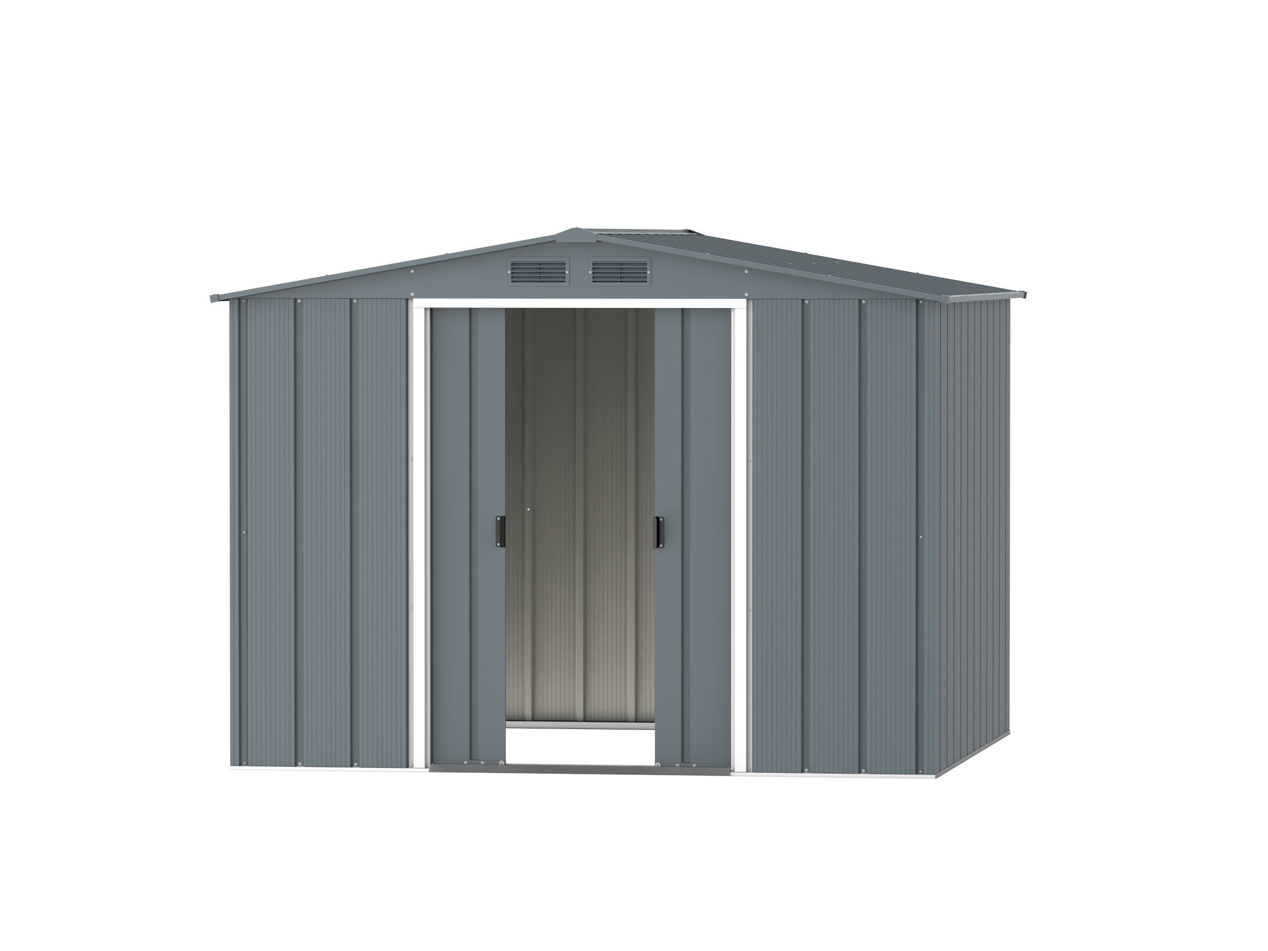 DuraMax Prime 8x8 Grey Blue metal storage shed open view