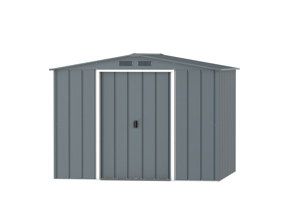 DuraMax Prime 8x8 metal storage shed in Grey Blue, front view