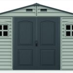 DuraMax WoodBridge II 10.5x13 vinyl storage shed front view, Menards model 40334