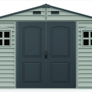 DuraMax WoodBridge II 10.5x13 vinyl storage shed front view, Menards model 40334