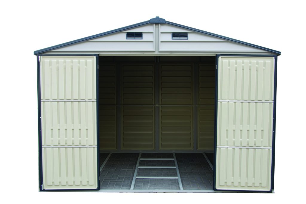 DuraMax WoodBridge II 10.5x13 vinyl storage shed with double doors open, Menards model 40334