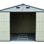 DuraMax WoodBridge II 10.5x13 vinyl storage shed with double doors open, Menards model 40334
