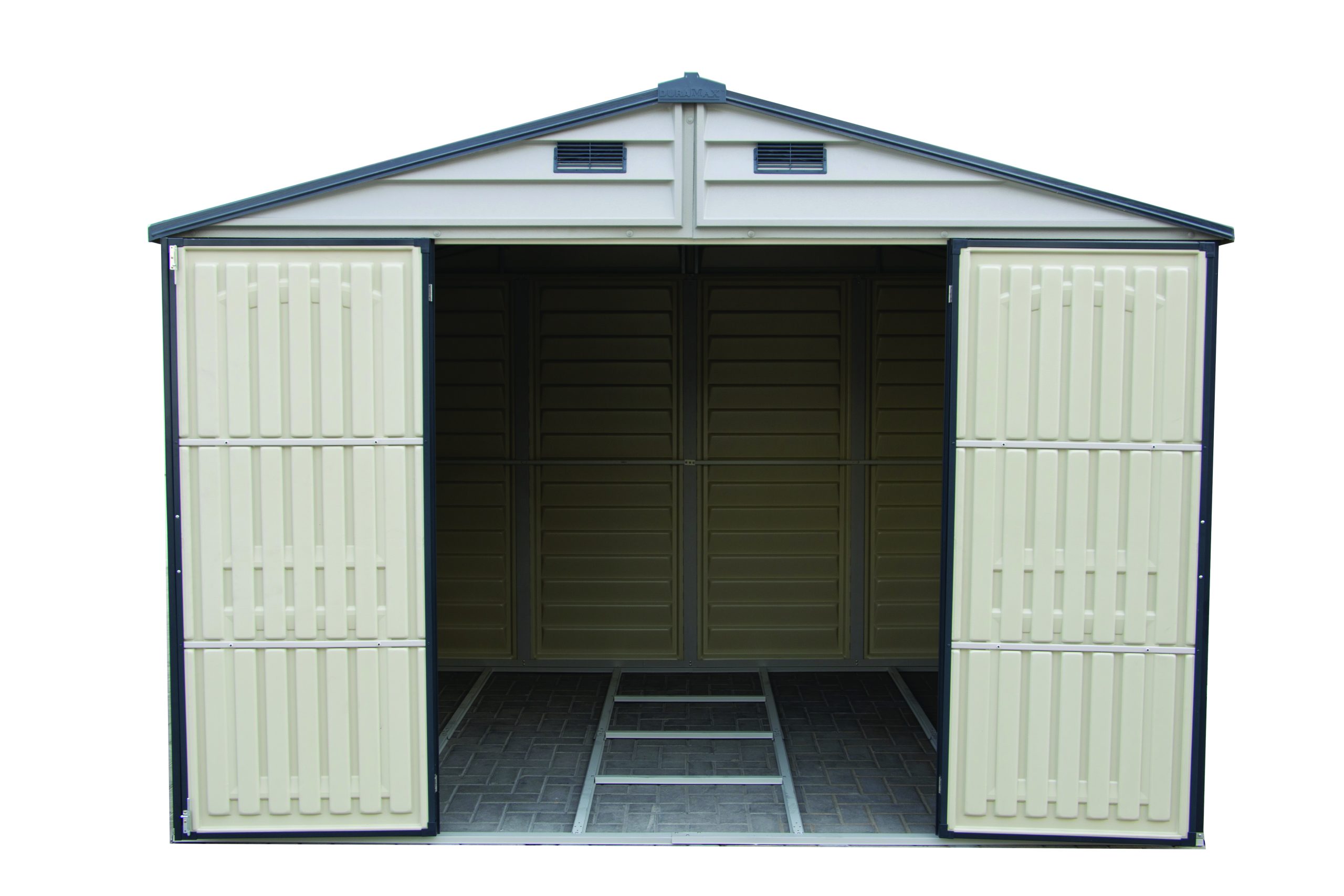 DuraMax WoodBridge II 10.5x13 vinyl storage shed with double doors open, Menards model 40334
