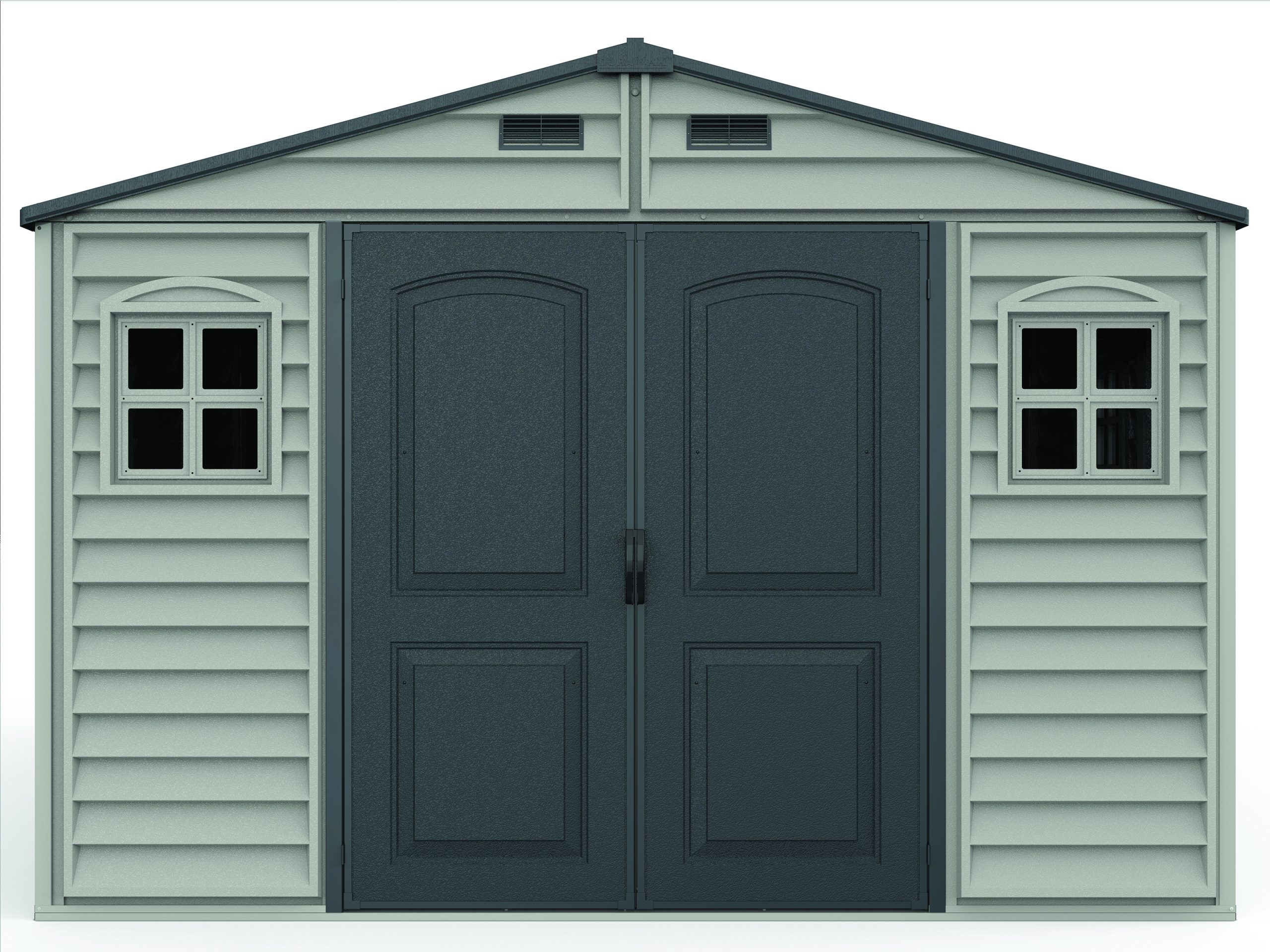 DuraMax WoodBridge II 10.5x13 vinyl storage shed front view, Menards model 40334