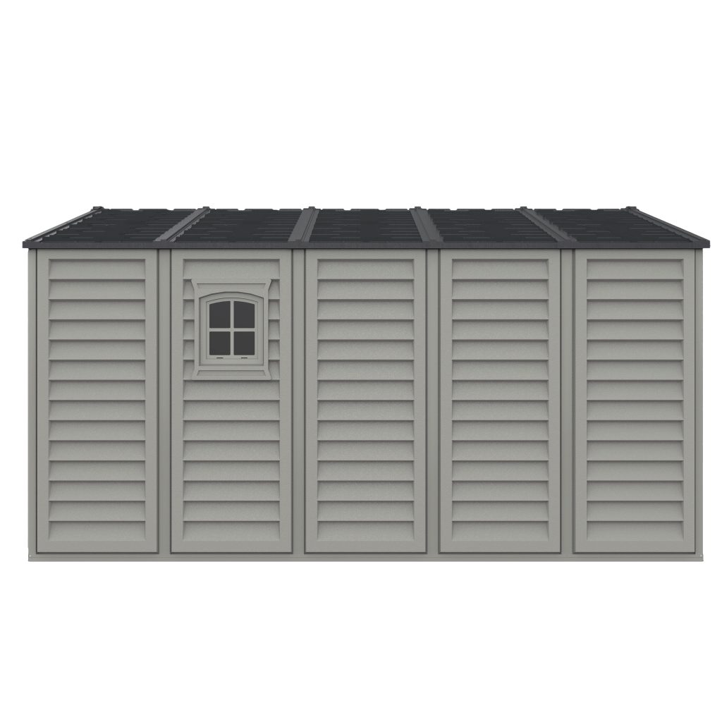 Alternate left front view of the DuraMax WoodBridge II 10.5x13 vinyl storage shed, Menards model 40334