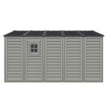 Alternate left front view of the DuraMax WoodBridge II 10.5x13 vinyl storage shed, Menards model 40334