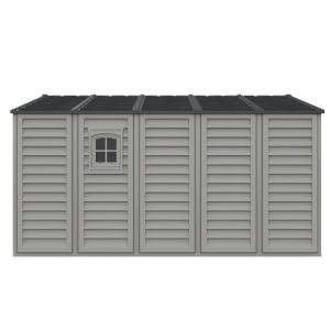 Alternate left front view of the DuraMax WoodBridge II 10.5x13 vinyl storage shed, Menards model 40334