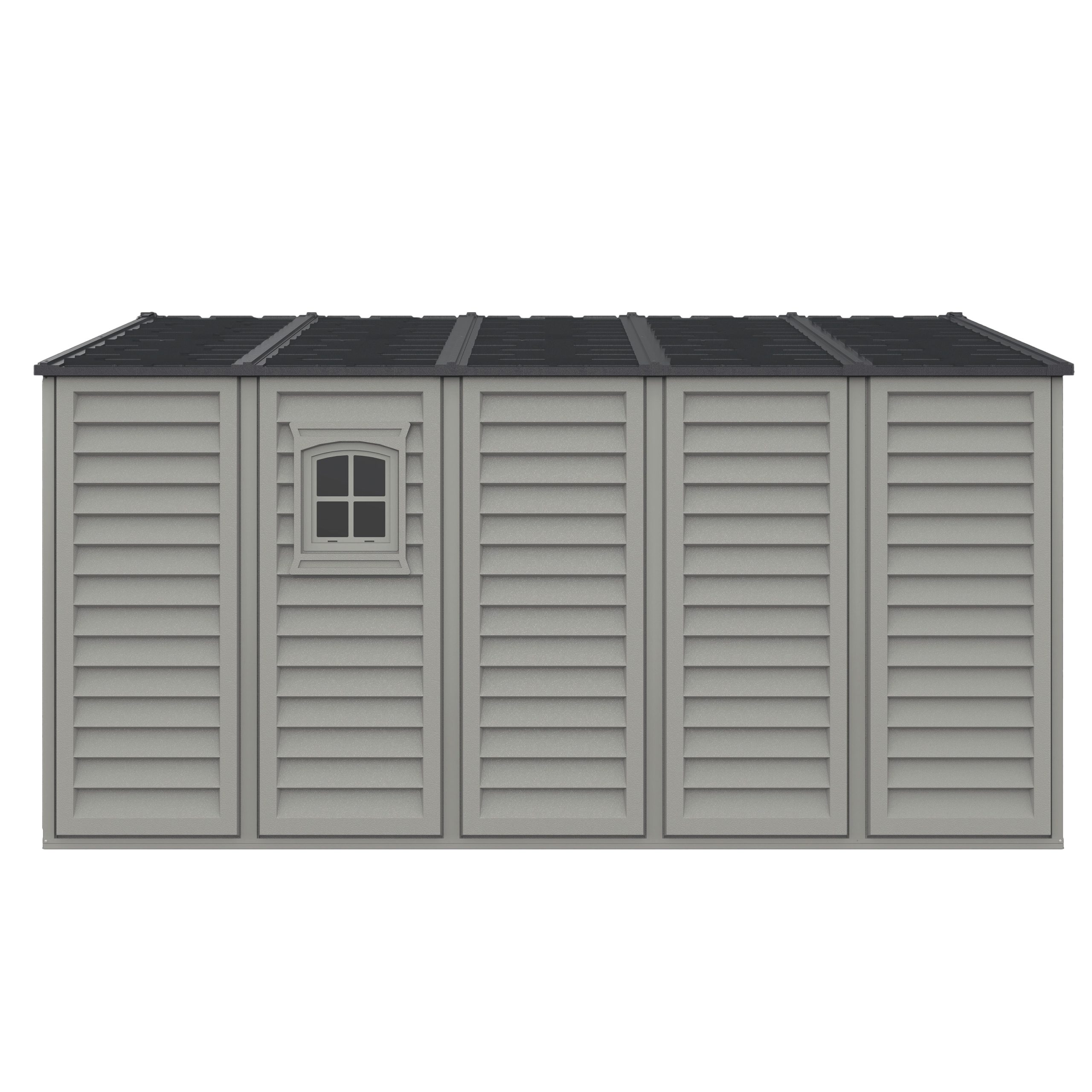 Alternate left front view of the DuraMax WoodBridge II 10.5x13 vinyl storage shed, Menards model 40334