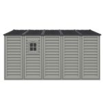 Left front angled view of the DuraMax WoodBridge II 10.5x13 vinyl storage shed, Menards model 40334