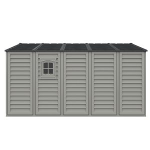 Left front angled view of the DuraMax WoodBridge II 10.5x13 vinyl storage shed, Menards model 40334