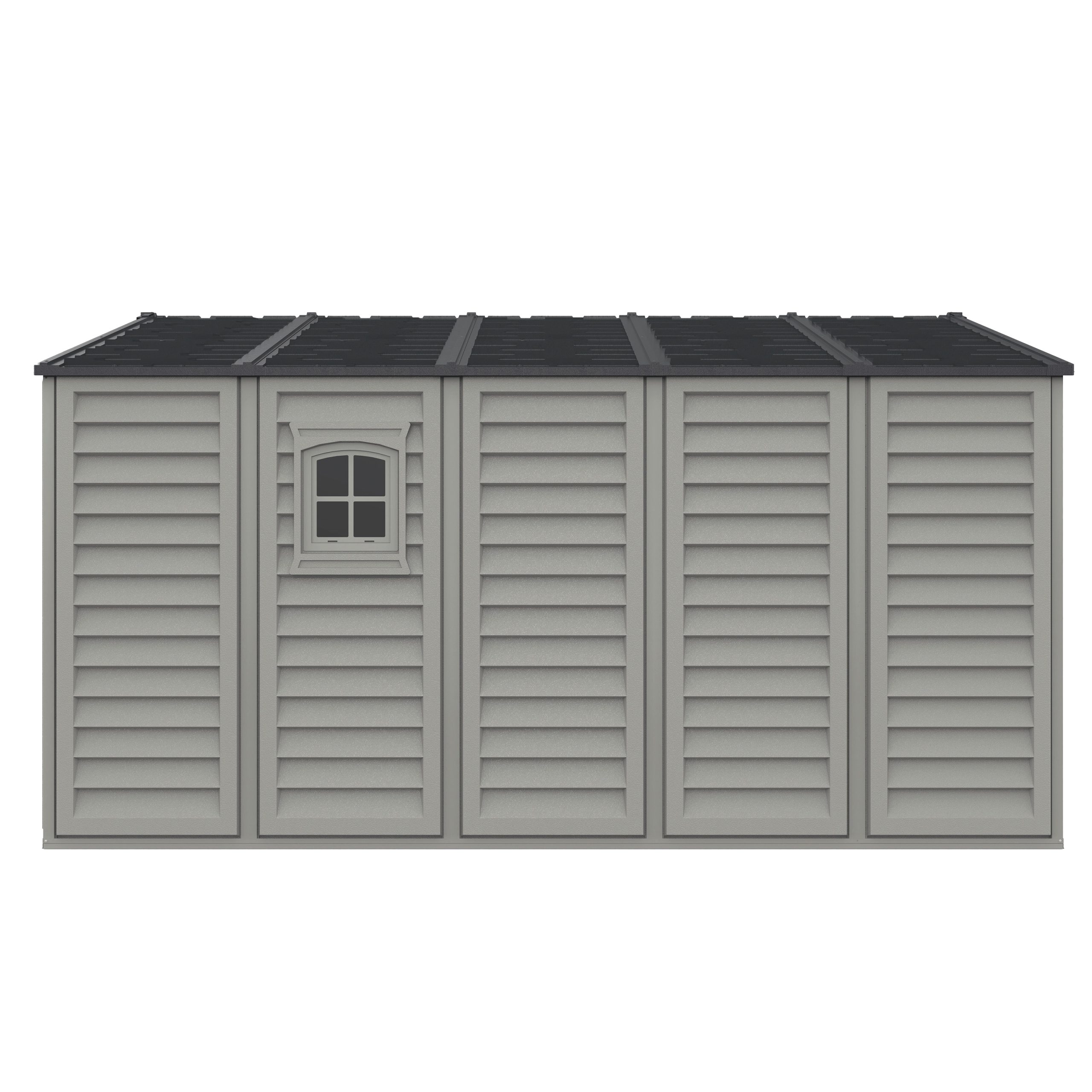 Left front angled view of the DuraMax WoodBridge II 10.5x13 vinyl storage shed, Menards model 40334