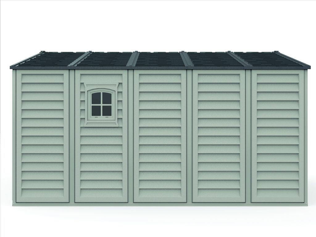 Left front product view of the DuraMax WoodBridge II 10.5x13 vinyl storage shed, Menards model 40334