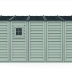 Left front product view of the DuraMax WoodBridge II 10.5x13 vinyl storage shed, Menards model 40334