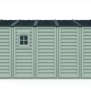 Left front product view of the DuraMax WoodBridge II 10.5x13 vinyl storage shed, Menards model 40334