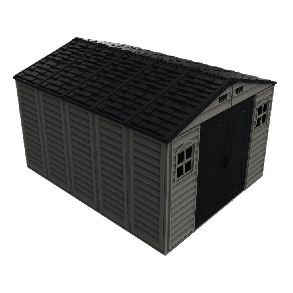 Left front top detail view of the DuraMax WoodBridge II 10.5x13 vinyl storage shed, Menards model 40334