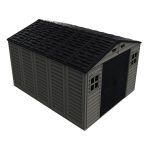 Left front top detail view of the DuraMax WoodBridge II 10.5x13 vinyl storage shed, Menards model 40334