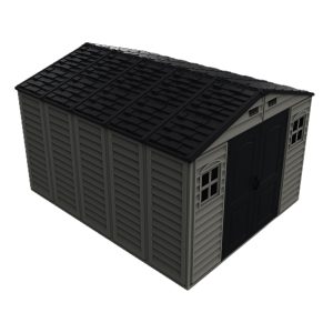 Left front top detail view of the DuraMax WoodBridge II 10.5x13 vinyl storage shed, Menards model 40334